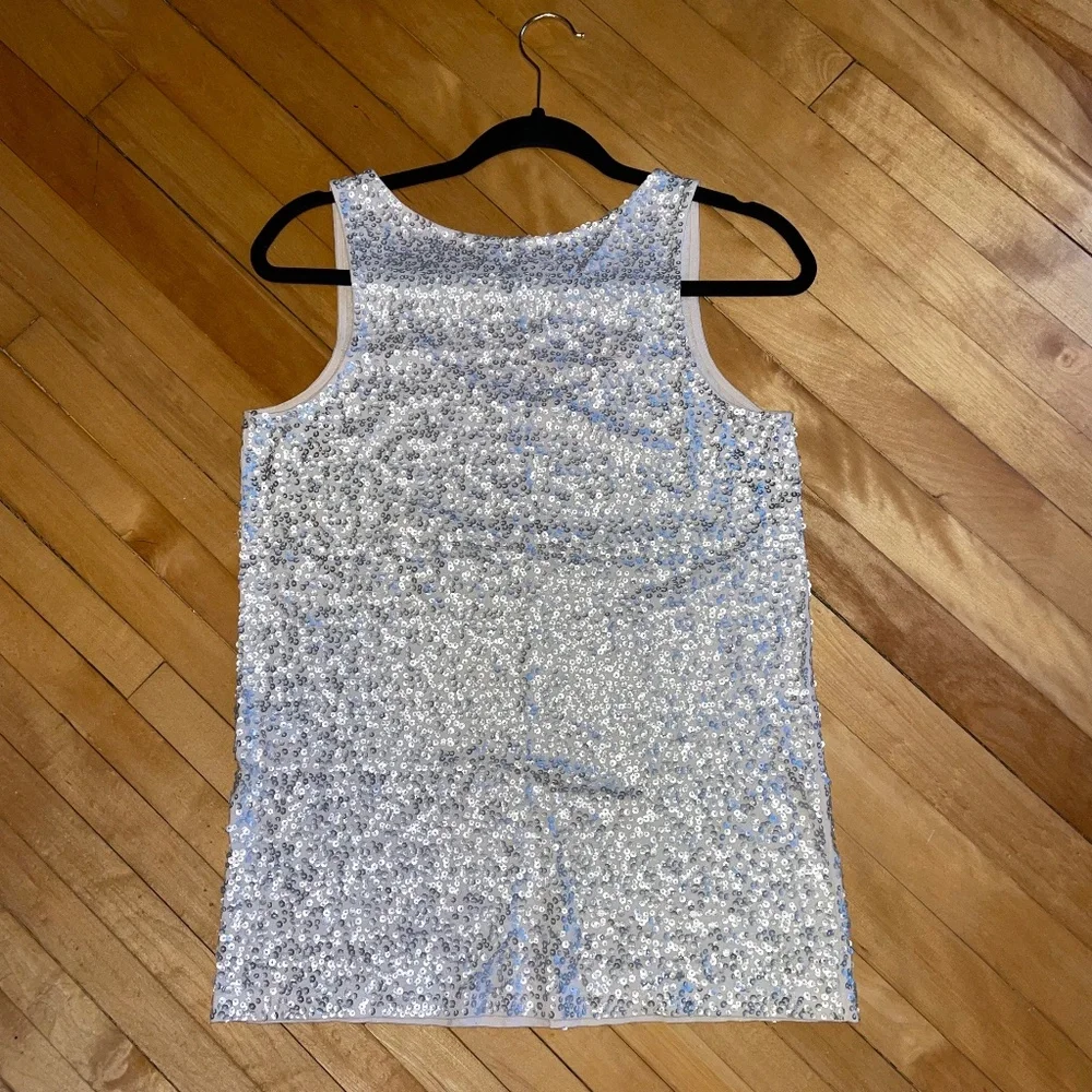 J. Crew Sequin Tank Top Sparkle Party Festive Linen Blend Silver Cream M…